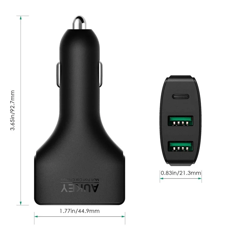 AUKEY CC-Y3 49.5W 3-Port Car Charger with 1 x Type-C + 2 x 3A USB Ports