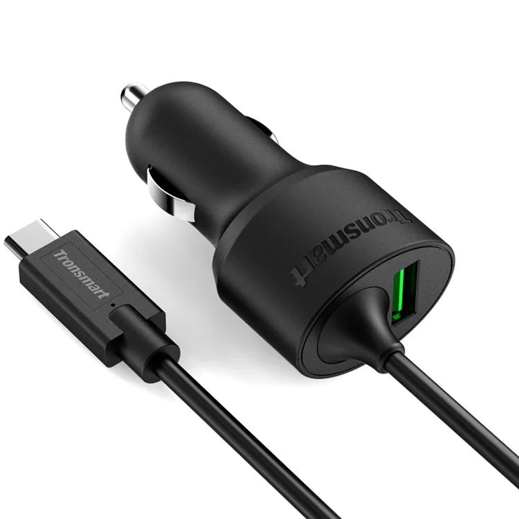 TRONSMART CCTA Dual Port Car Charge with Quick Charge 3.0 & Type-C Cable Ports (CE,RoHS,FCC)