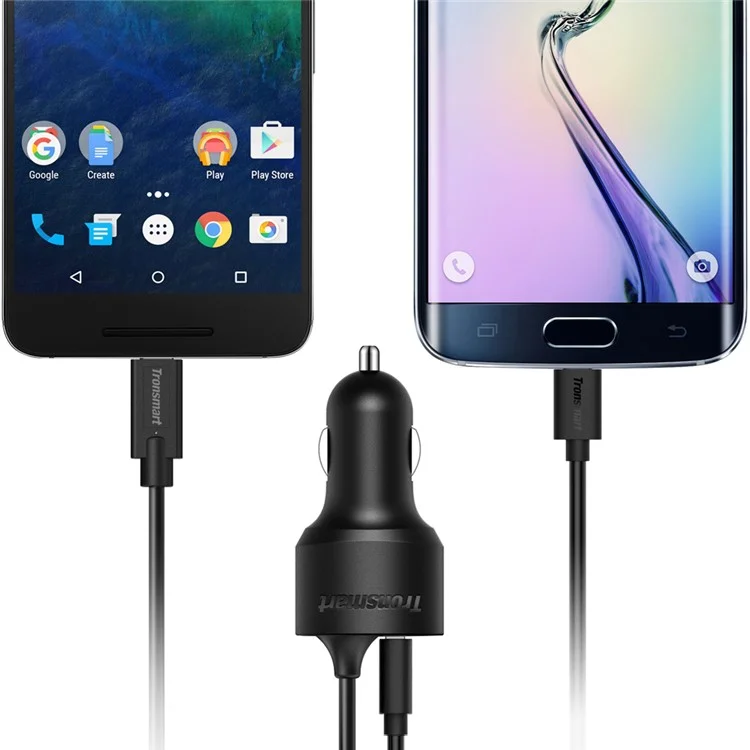 TRONSMART CCTA Dual Port Car Charge with Quick Charge 3.0 & Type-C Cable Ports (CE,RoHS,FCC)