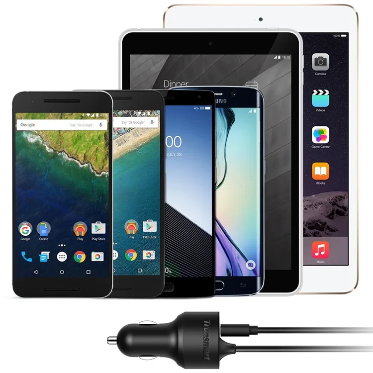TRONSMART CCTA Dual Port Car Charge with Quick Charge 3.0 & Type-C Cable Ports (CE,RoHS,FCC)
