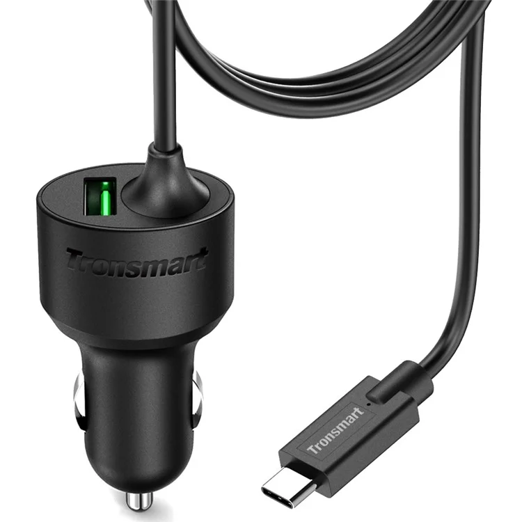 TRONSMART CCTA Dual Port Car Charge with Quick Charge 3.0 & Type-C Cable Ports (CE,RoHS,FCC)