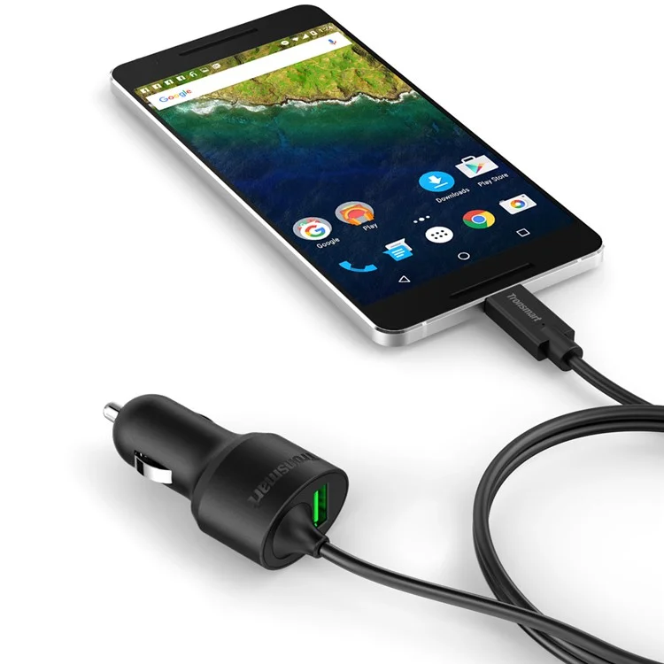 TRONSMART CCTA Dual Port Car Charge with Quick Charge 3.0 & Type-C Cable Ports (CE,RoHS,FCC)