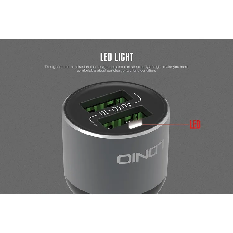LDNIO C303 Auto-ID 3.6A 2-Port USB Car Charger + Micro USB Cable - Black (CE/RoHS/FCC)