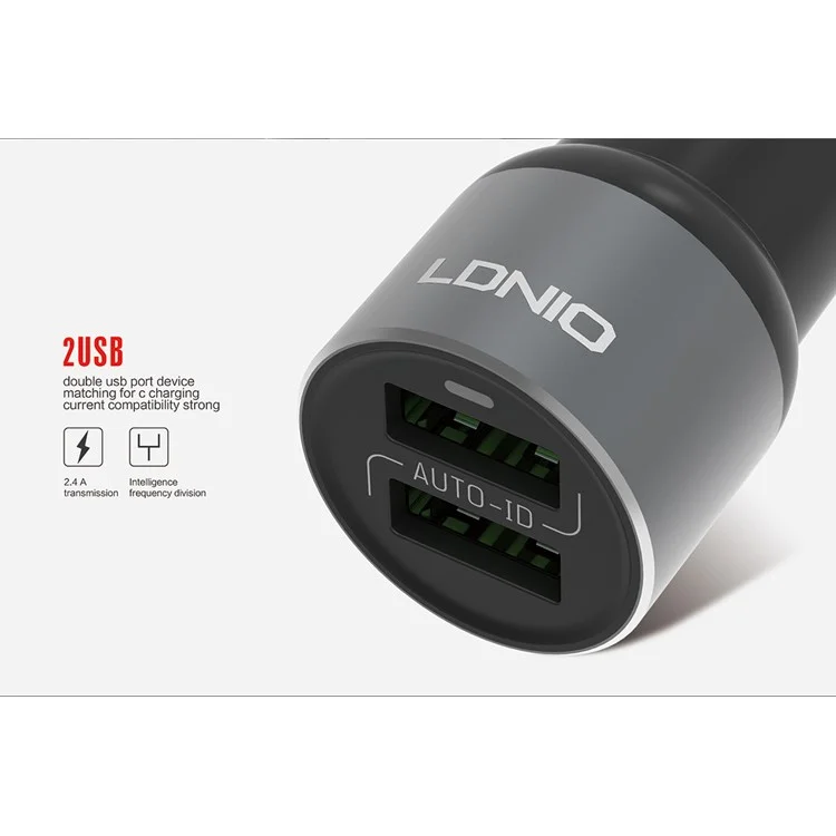 LDNIO C303 Auto-ID 3.6A 2-Port USB Car Charger + Micro USB Cable - Black (CE/RoHS/FCC)