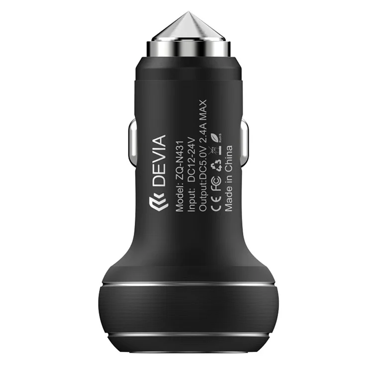 DEVIA Thor Smart Dual USB Ports 2.4A Car Charger Emergency Hammer CE/RoHS - Black