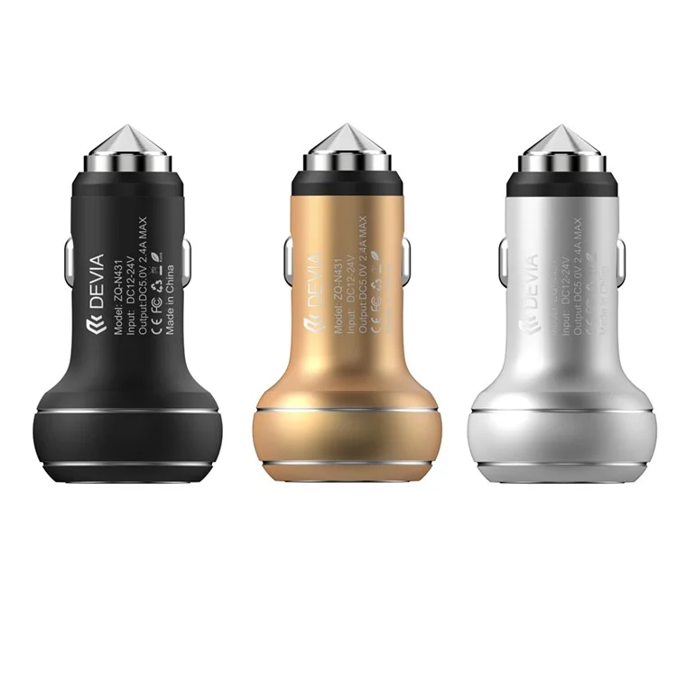 DEVIA Thor Smart Dual USB Ports 2.4A Car Charger Emergency Hammer CE/RoHS - Black