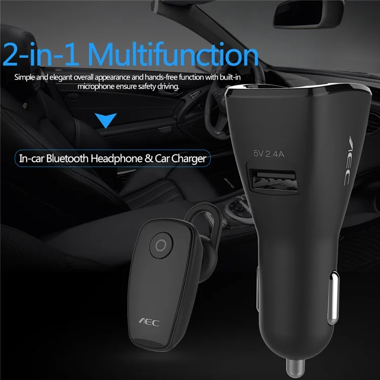 AEC BQ638 5V 2.4A Single USB Car Charger Bluetooth V4.1 Single In-ear Earphone - Black