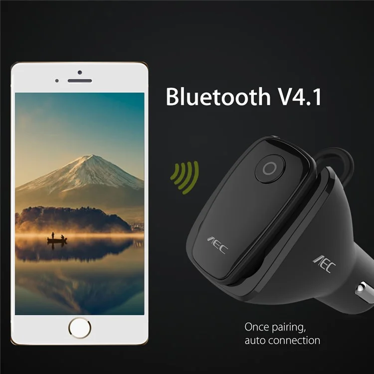 AEC BQ638 5V 2.4A Single USB Car Charger Bluetooth V4.1 Single In-ear Earphone - Black