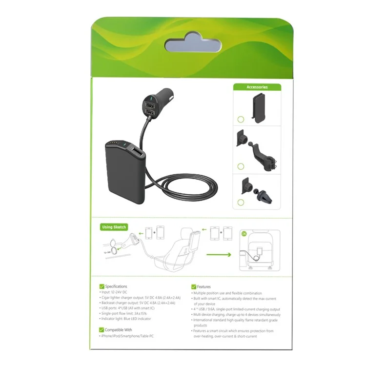 C75 4-Port USB 9.6A Car Front and Back Seat Charger for iPhone Samsung Huawei Etc