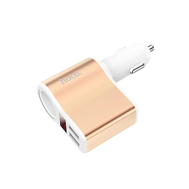 HOCO Z10 DC12V / 24V Dual USB Ports Digital Display Car Charger with Cigarette Lighter - White / Gold Color