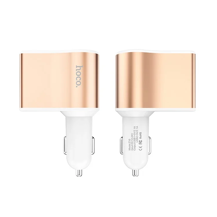HOCO Z10 DC12V / 24V Dual USB Ports Digital Display Car Charger with Cigarette Lighter - White / Gold Color