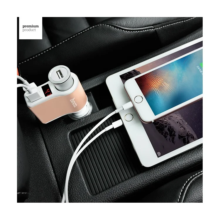 HOCO Z10 DC12V / 24V Dual USB Ports Digital Display Car Charger with Cigarette Lighter - White / Gold Color