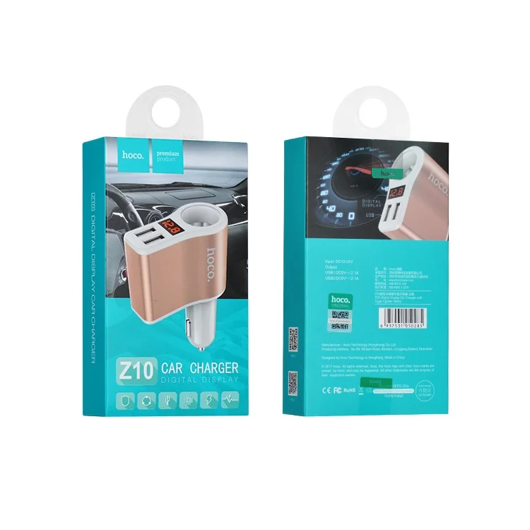 HOCO Z10 DC12V / 24V Dual USB Ports Digital Display Car Charger with Cigarette Lighter - White / Gold Color