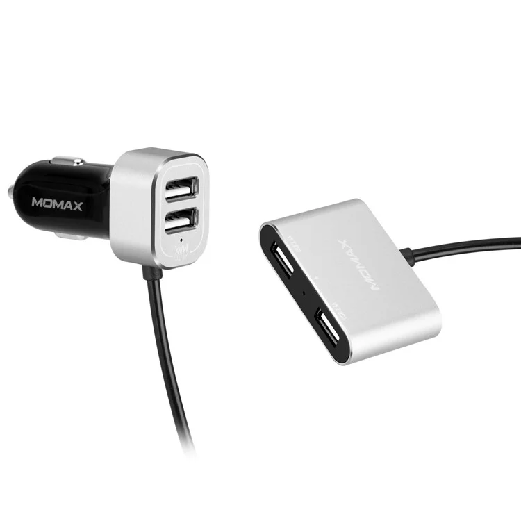MOMAX 5V/9.6A 4 USB Ports Car Charger with 2m Extension Cable for Samsung S8 etc. - Silver Color
