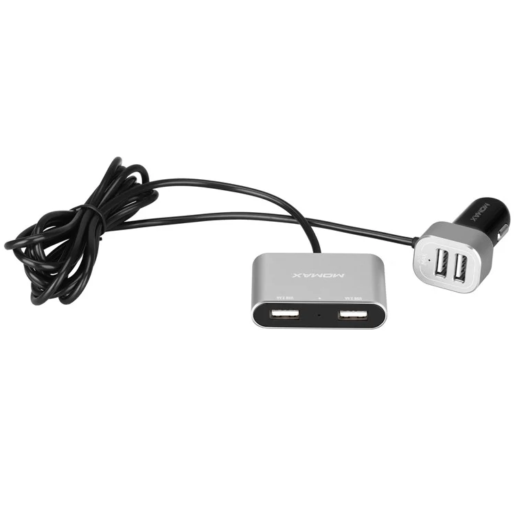 MOMAX 5V/9.6A 4 USB Ports Car Charger with 2m Extension Cable for Samsung S8 etc. - Silver Color