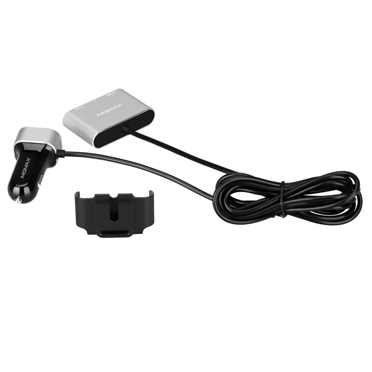 MOMAX 5V/9.6A 4 USB Ports Car Charger with 2m Extension Cable for Samsung S8 etc. - Silver Color