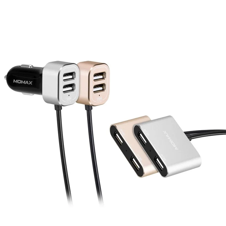 MOMAX 5V/9.6A 4 USB Ports Car Charger with 2m Extension Cable for Samsung S8 etc. - Silver Color