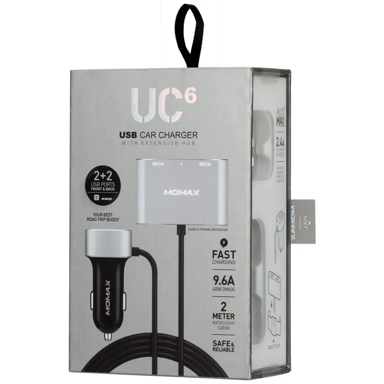 MOMAX 5V/9.6A 4 USB Ports Car Charger with 2m Extension Cable for Samsung S8 etc. - Silver Color