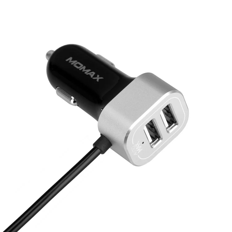 MOMAX 5V/9.6A 4 USB Ports Car Charger with 2m Extension Cable for Samsung S8 etc. - Silver Color