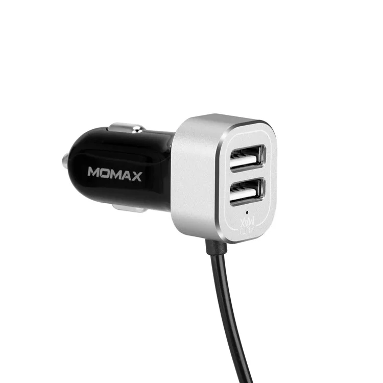 MOMAX 5V/9.6A 4 USB Ports Car Charger with 2m Extension Cable for Samsung S8 etc. - Silver Color
