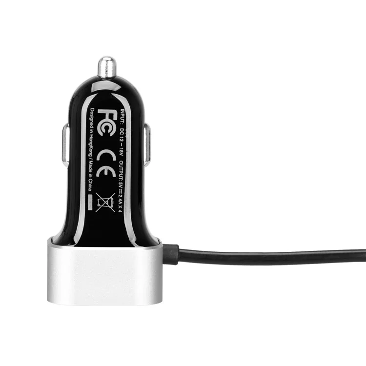 MOMAX 5V/9.6A 4 USB Ports Car Charger with 2m Extension Cable for Samsung S8 etc. - Silver Color