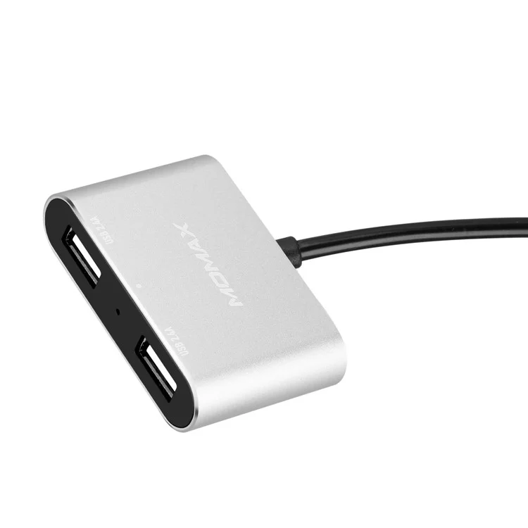 MOMAX 5V/9.6A 4 USB Ports Car Charger with 2m Extension Cable for Samsung S8 etc. - Silver Color