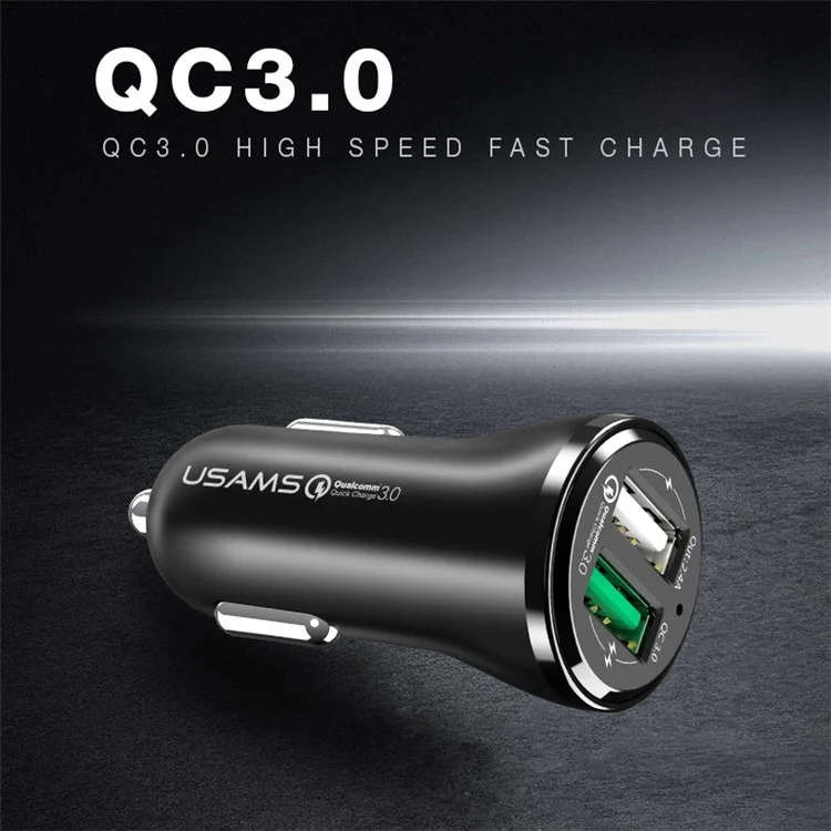 USAMS US-CC028 Dual USB Ports Car Charger Adapter with with QC 3.0 - Black