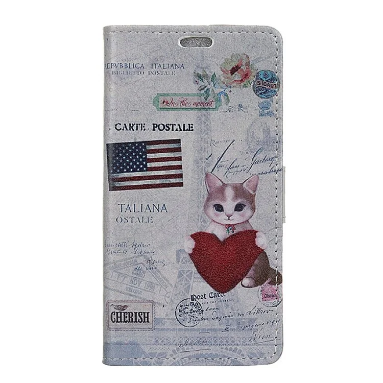 Pattern Printing Wallet Stand Leather Cover for Meizu M6 Note - American Flag and Cat Holding Heart
