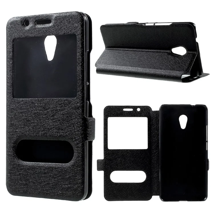 For Meizu M5s Silk Texture Dual Window Leather Phone Case Stand - Black