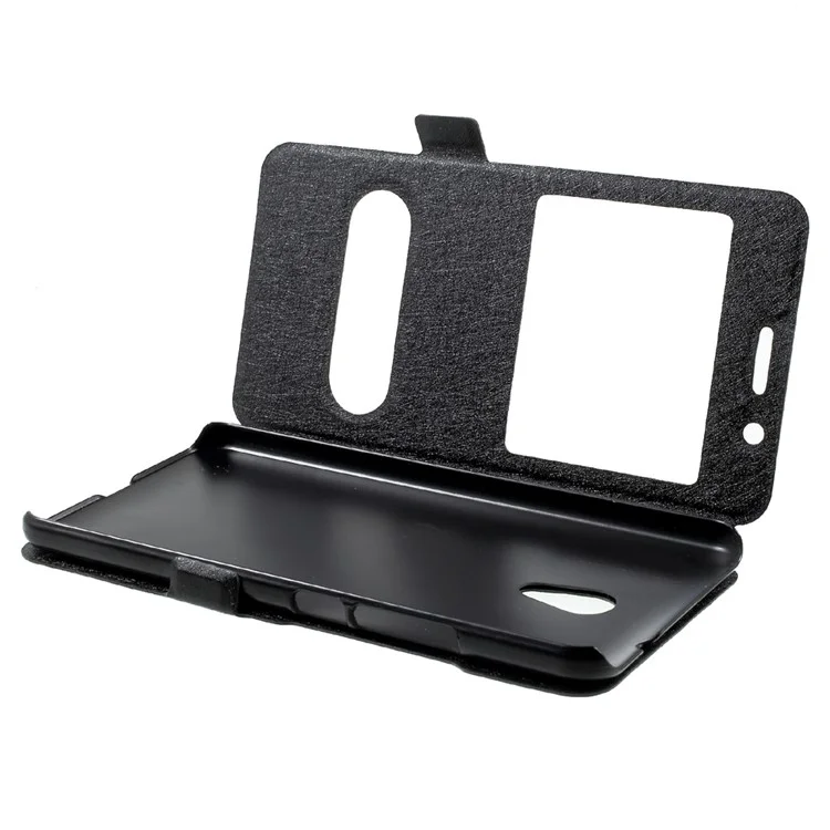 For Meizu M5s Silk Texture Dual Window Leather Phone Case Stand - Black