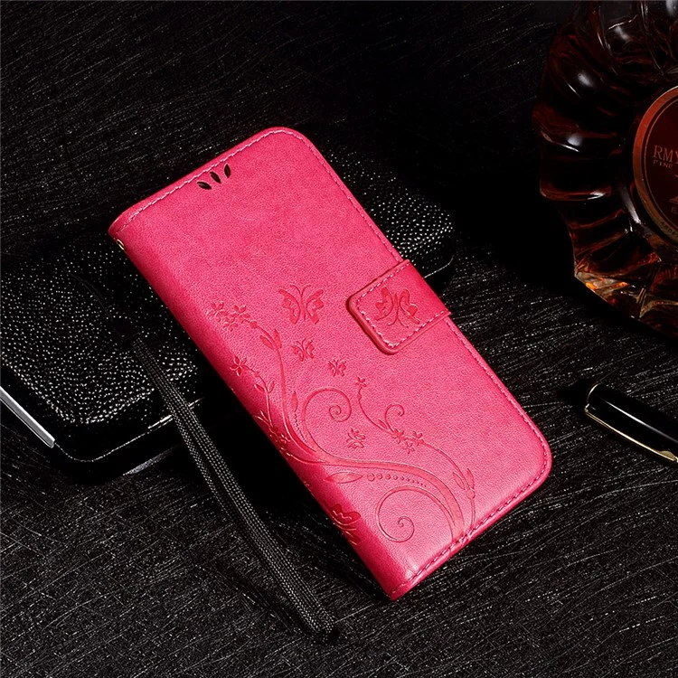 For Meizu M2 mini Imprinted Butterfly Flower Wallet Stand Leather Case - Rose