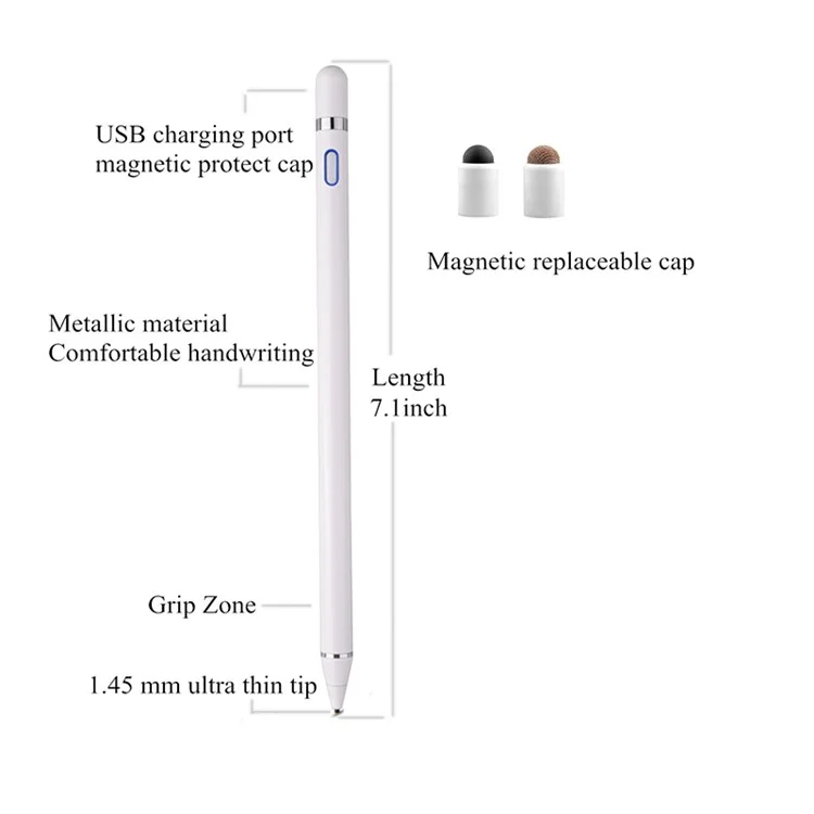 818 1.45mm Ultra-fino Ponta Capacitiva Caneta Caneta Automática [8 Horas De Tempo De Trabalho] [micro USB Cobrança] Para Dispositivos IOS / Android - Branco