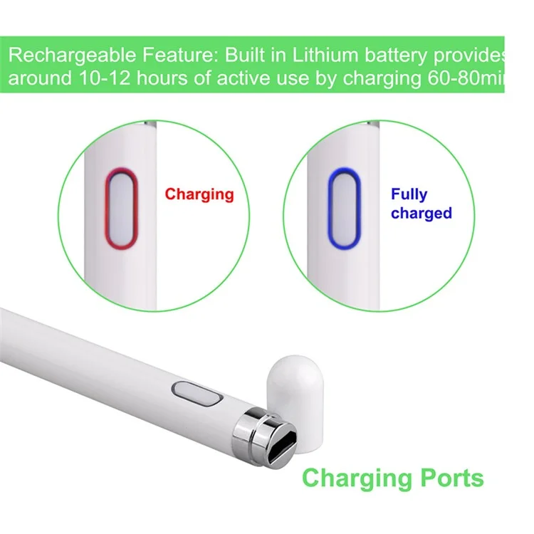 818 1.45mm Punta A Punta Ultra-fine Penna Per Lo Stilo Capacitivo Spegnimento Automatico [8 Ore Orario Di Lavoro] [Micro USB A Pagamento] Per Dispositivi IOS / Android - Bianco