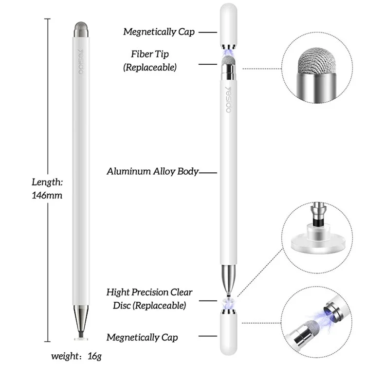 Yesido ST02 2 en 1 Disque + Mesh Fiber Tip High Sensitivité Stylus Stylo Pour Tous Les Écrans Tactiles Capacitifs Téléphones Portables Comprimés