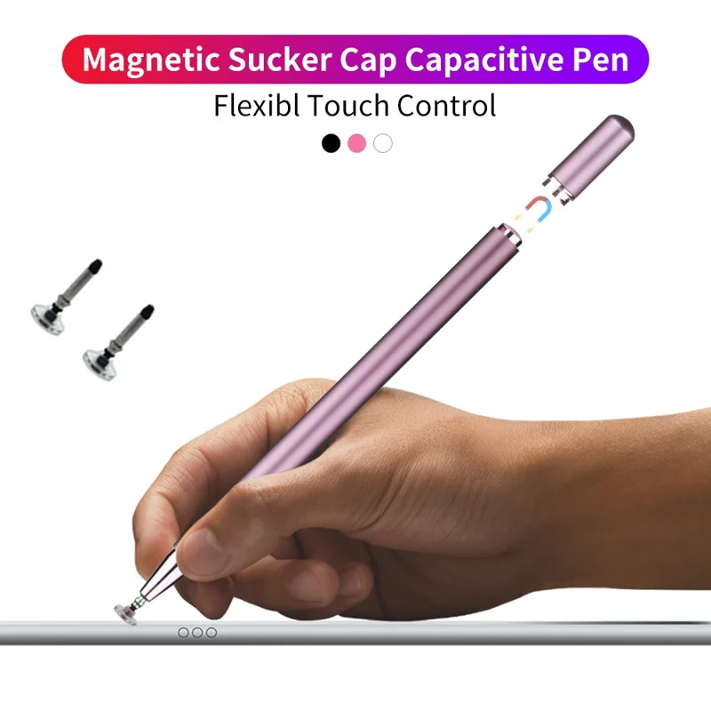 JD01 Universal Tablet Smartphone Capacitive Stylus Pen Magnetic Adsorption Cap Drawing Writing Stylus Pen with Spare Round Disk Pen Tip - White