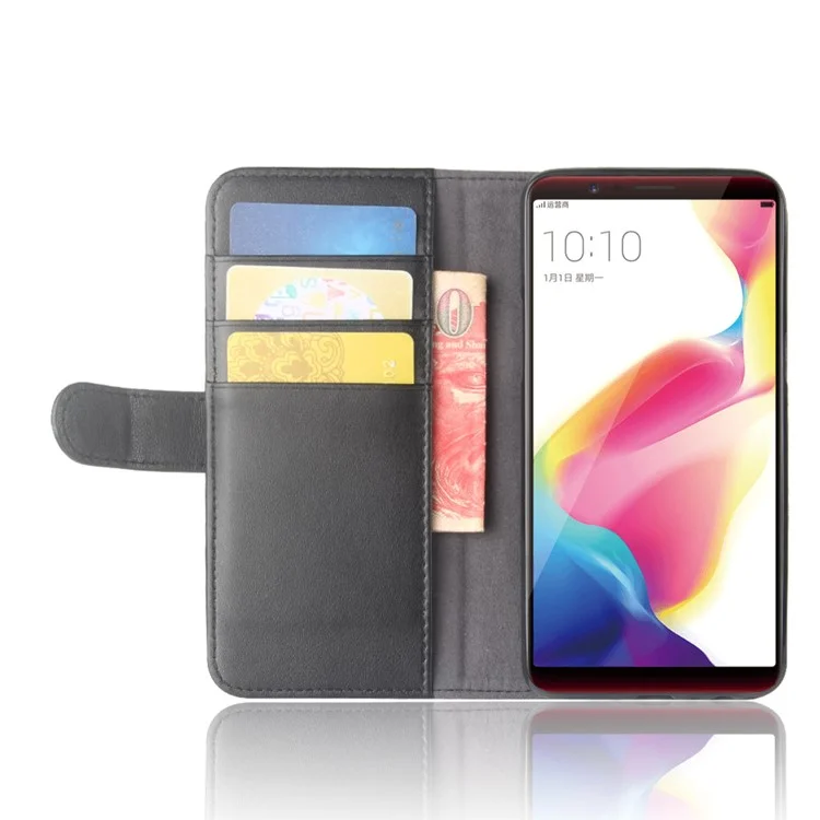 Genuine Split Leather Wallet Stand Protective Mobile Case for OPPO R11s - Black