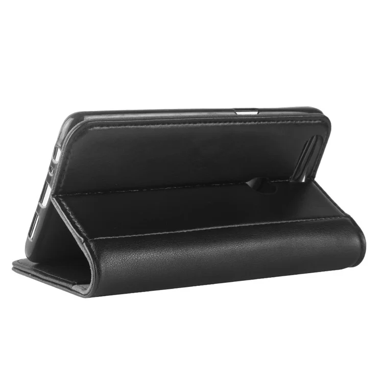 Genuine Split Leather Wallet Stand Protective Mobile Case for OPPO R11s - Black