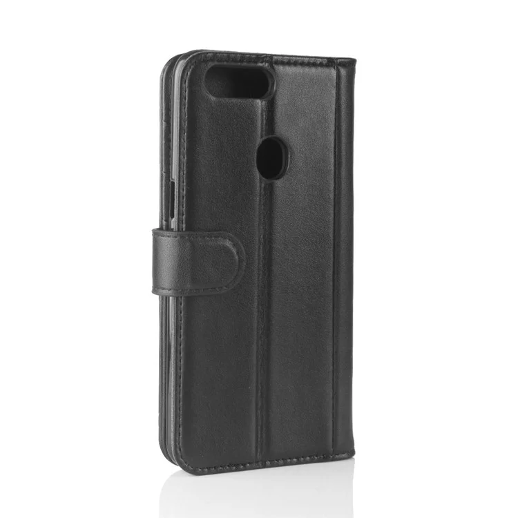 Genuine Split Leather Wallet Stand Protective Mobile Case for OPPO R11s - Black