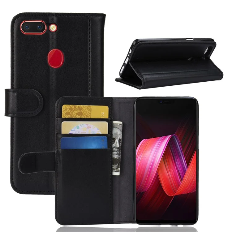 Genuine Split Leather Wallet Stand Phone Case for Oppo R15 - Black