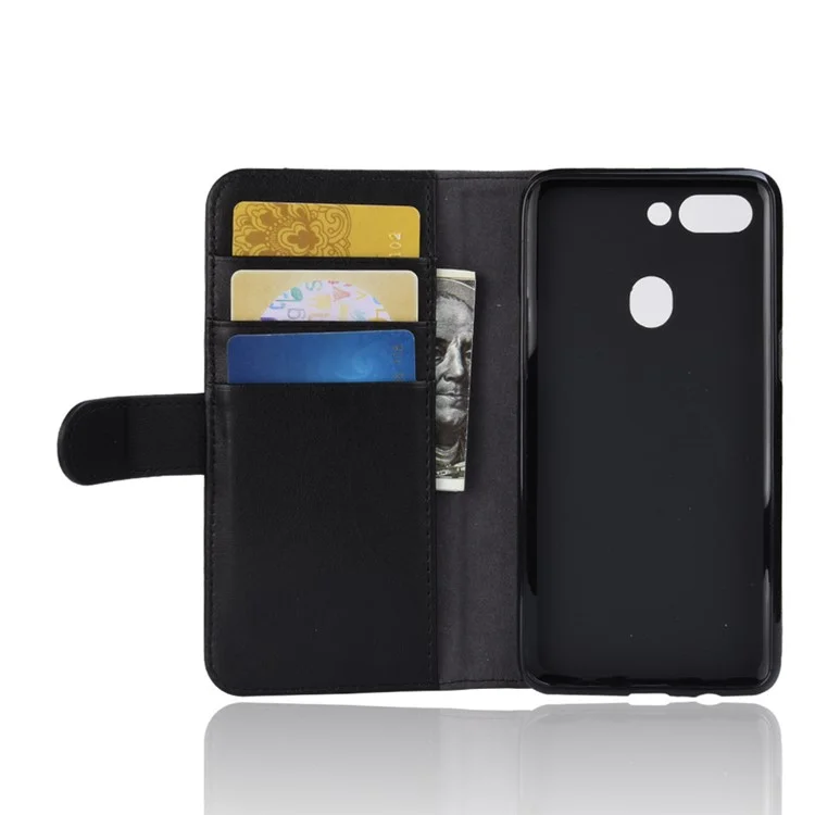 Genuine Split Leather Wallet Stand Phone Case for Oppo R15 - Black