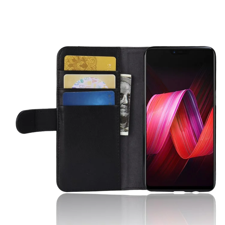 Genuine Split Leather Wallet Stand Phone Case for Oppo R15 - Black