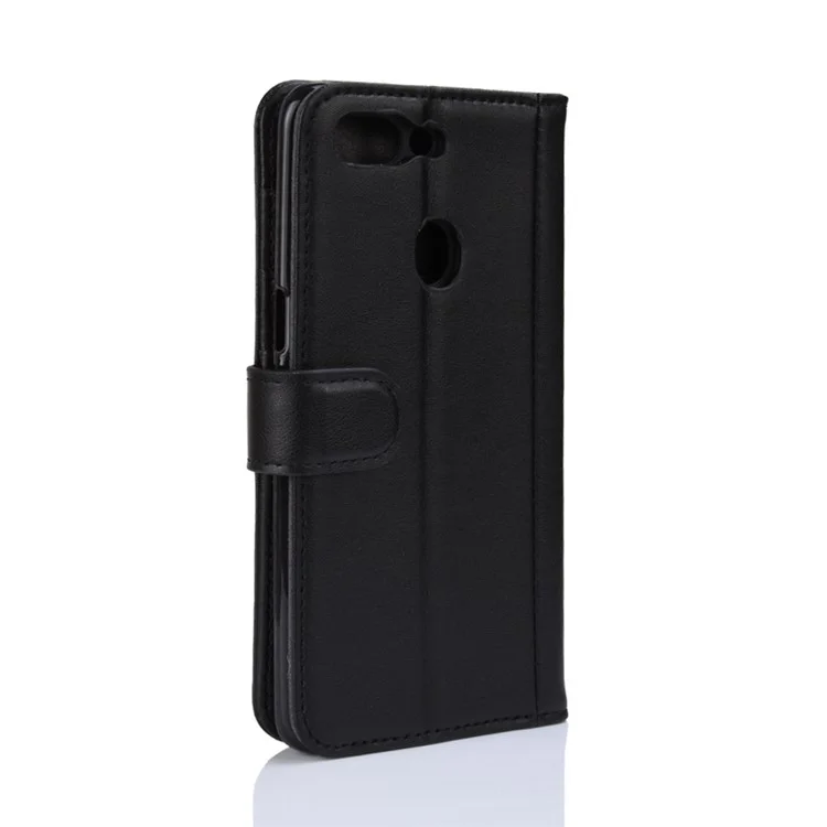 Genuine Split Leather Wallet Stand Phone Case for Oppo R15 - Black