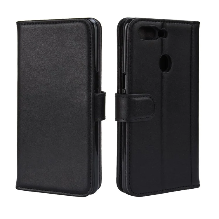 Genuine Split Leather Wallet Stand Phone Case for Oppo R15 - Black