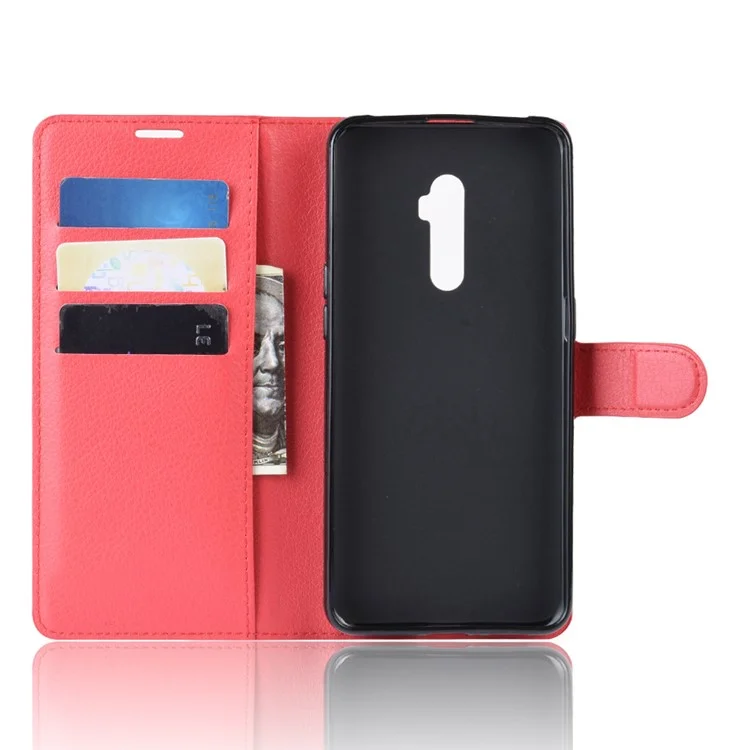 Litchi Skin Wallet Leather Stand Case Para Oppo Reno 10x Zoom - Vermelho