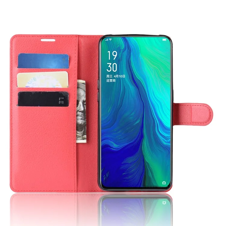 Litchi Skin Wallet Leather Stand Case Para Oppo Reno 10x Zoom - Vermelho