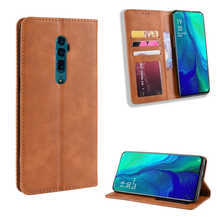 Carteira de Couro Vintage Auto-absorvente Hollow Out Phone Cover para Oppo Reno 5G / Reno 10x Zoom - Marrom