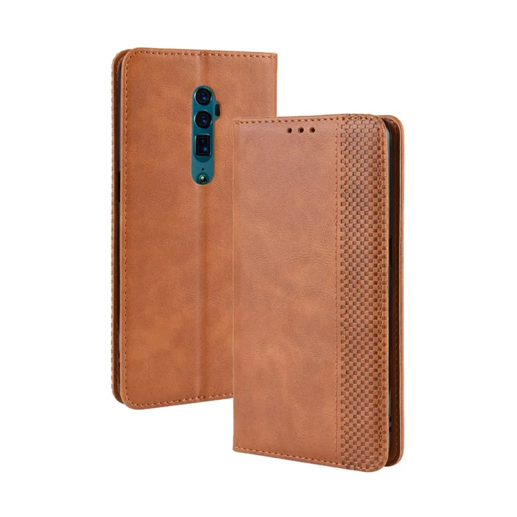 Carteira de Couro Vintage Auto-absorvente Hollow Out Phone Cover para Oppo Reno 5G / Reno 10x Zoom - Marrom