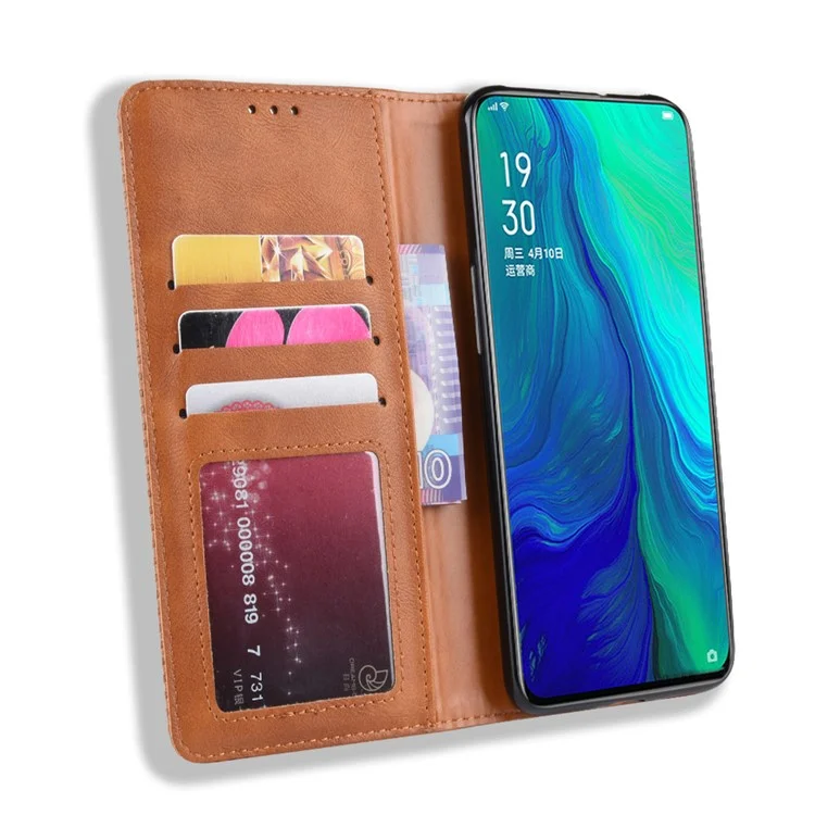 Carteira de Couro Vintage Auto-absorvente Hollow Out Phone Cover para Oppo Reno 5G / Reno 10x Zoom - Marrom