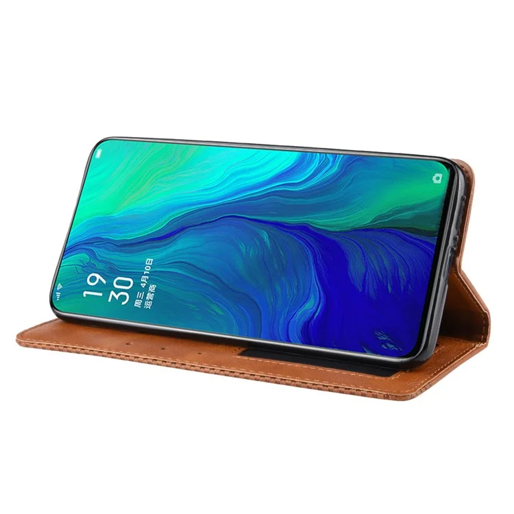 Carteira de Couro Vintage Auto-absorvente Hollow Out Phone Cover para Oppo Reno 5G / Reno 10x Zoom - Marrom
