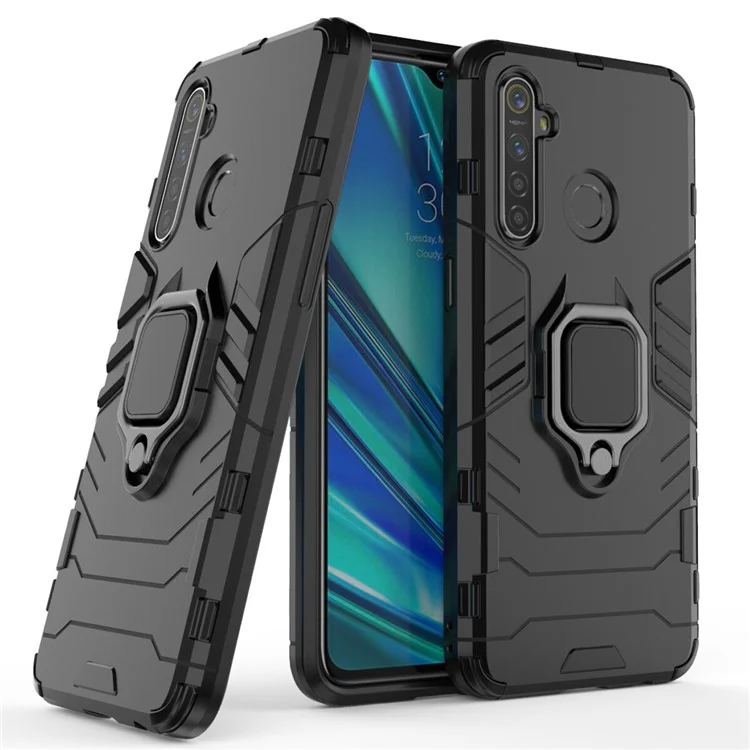Plastic + TPU Hybrid Case with Ring Holder Kickstand for OPPO Realme 5 Pro - Black